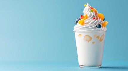 A cup of milk topped with whipped cream and fresh fruit, perfectly served for a sweet and creamy indulgent treat