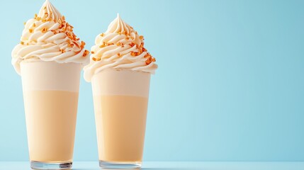 Two indulgent glasses of creamy milkshake topped with whipped cream perfect for sharing on a sunny day out