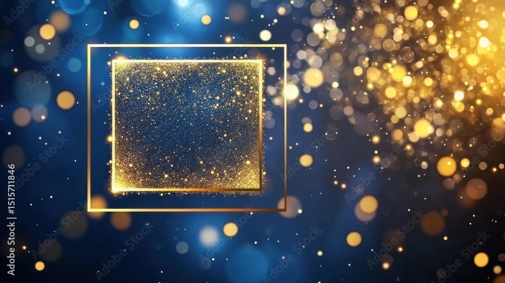 Poster golden shimmering particles float around a radiant square frame elegantly