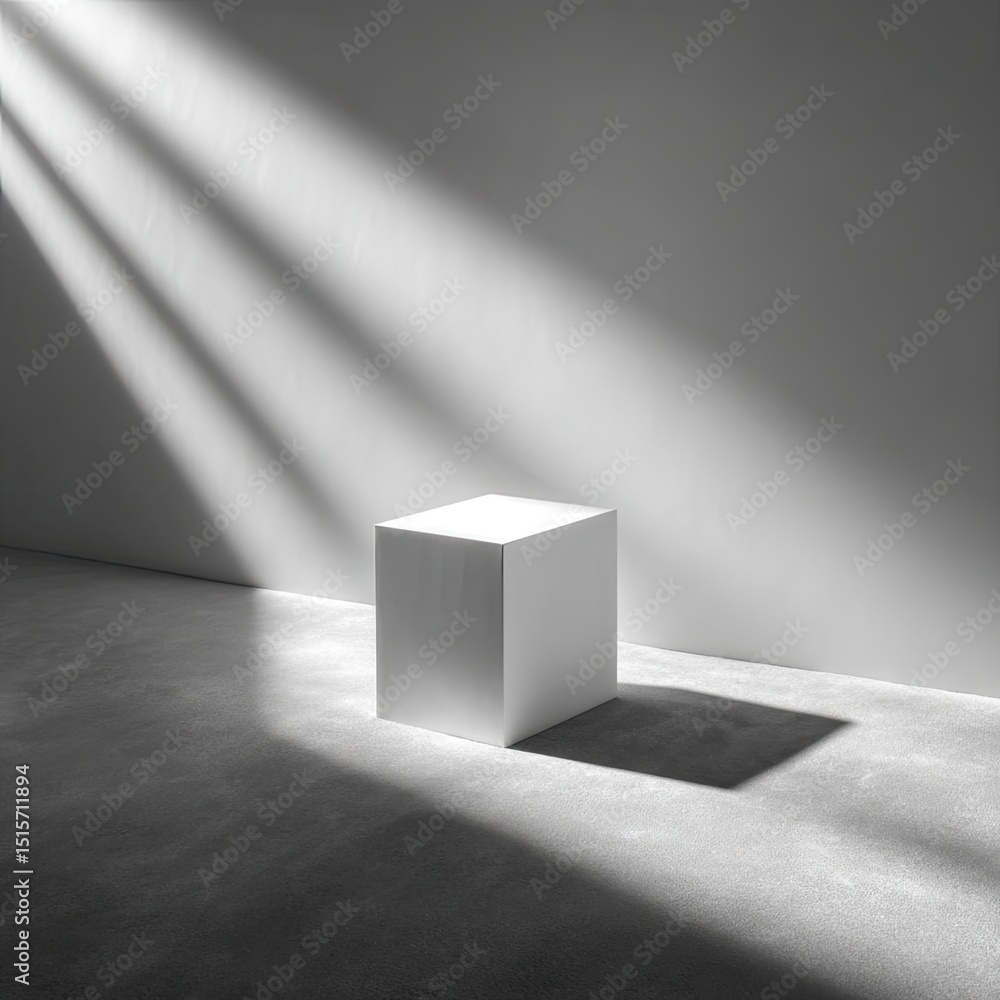 Aufkleber a stark white cube sits center, dramatically lit by a single, angled light source casting sharp shad