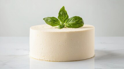 A beautifully decorated cheese cake with fresh basil leaves on top creating an elegant and unique dessert presentation