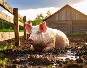 Happy pig resting in muddy farmyard pen with wooden fence and barn in golden sunset light