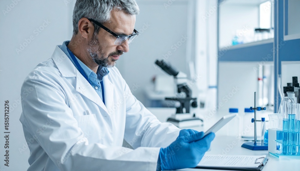 Poster a focused scientist in a modern lab, examining data on a tablet