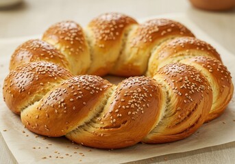 Ring challah bread with sesame seeds on parchment paper