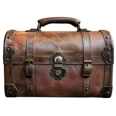 Vintage leather trunk with handle and latch resting on a Transparent background, leather trunk with a handle and a latch, PNG background