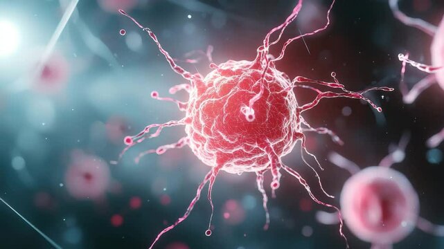 Microscopic view of red virus cell with tentacle like and spiky structures, floating blue background, representing infection, disease, biology, science, and medical research scientific environment