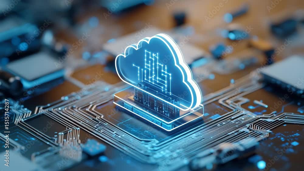 Poster cloud computing technology with glowing blue cloud icon on digital circuit board, futuristic data st