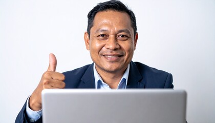 Smiling business man making an "okay" sign with a laptop in front. He is looking directly at the camera and smiling with the thumb up.