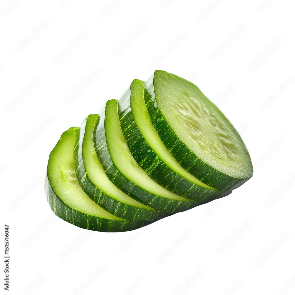 Poster freshly sliced cucumber pieces arranged neatly on a clean transparent background for culinary presen