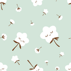 Fototapeta premium Seamless pattern of sleeping cotton blossom with leaves on green background vector. Cute childish print.