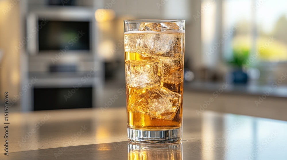 Poster a tall glass of beer with large ice cubes inside, set on a smooth countertop with natural light refl