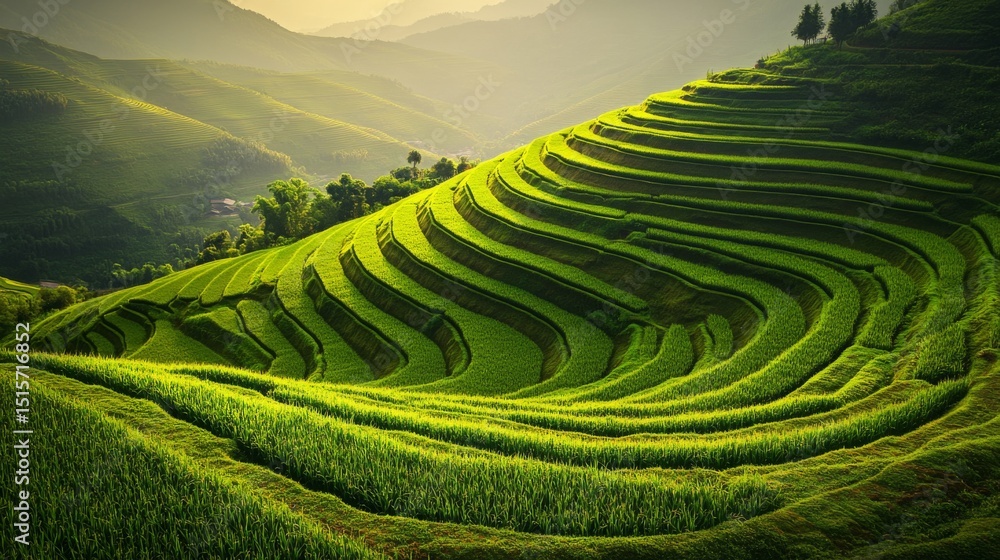 Aufkleber A top-down view of a lush cornfield with neatly aligned rows of corn plants, creating a geometric pattern on the field, under the soft light of midday