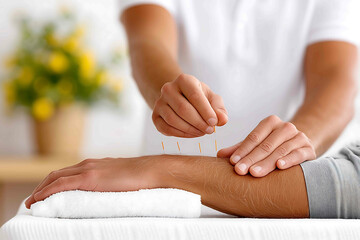 Acupuncture session a practitioner carefully placing needles on a patient emphasizing relaxation and balance