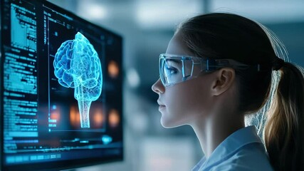 Young woman scientist laboratory studies digital brain scan futuristic computer screen, focused research, technology, and innovation with protective glasses, highlighting role of women science - Powered by Adobe