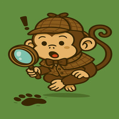 A cartoon monkey in a detective outfit holds a magnifying glass, inspecting a jungle footprint with a surprised expression, set against a solid background.