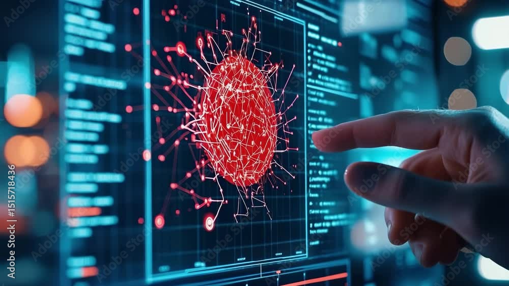 Poster futuristic digital interface with hand interacting, displaying red virus model and neural network, s