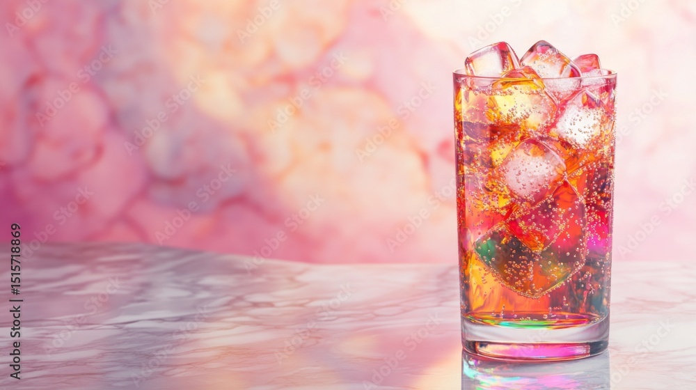 Poster a vibrant glass of soda with colorful bubbles and ice cubes, positioned on a marble countertop, with