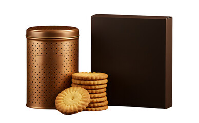Premium Shortbread Biscuits with Decorative Copper Tin & Dark Packaging Box Isolated on White, Ideal for Luxury Food Product Advertising