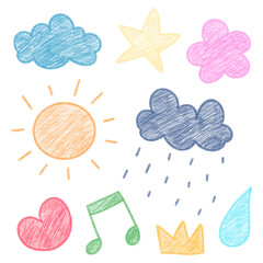 Clouds, sun, clouds, flowers, notes, cute hand drawn illustration