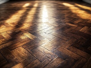Elegant herringbone parquet flooring catching sunlight in a vintage interior