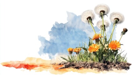 Targeting weeds in the garden: Dandelion flowers on green grass, symbol of herbicide use for lawn care, watercolor illustration