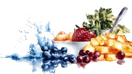 Vegan Christmas Tree made of Fruit and Vegetables on Pastel Watercolor Background