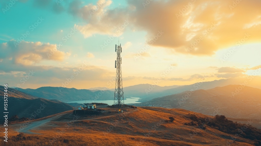 Poster a wide-angle view of a cell phone tower located on a hilltop, surrounded by scenic views, showcasing