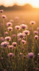 Obraz premium Golden Hour Meadow: Serene Sunset Landscape with Delicate Wildflowers