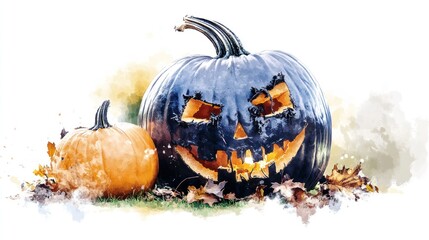 Zombie Pumpkin Jack O Lantern with Transplanted Gourds for Halloween and Thanksgiving Season Hand Drawn Watercolor Illustration