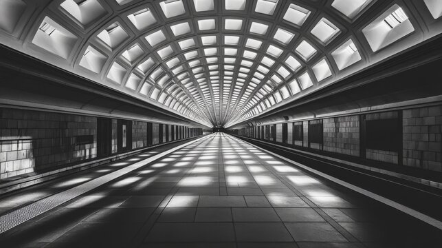 A wide shot of a subway tunnel with long, parallel tracks stretching ahead, with faint lighting casting shadows on the tunnels curved walls and floor