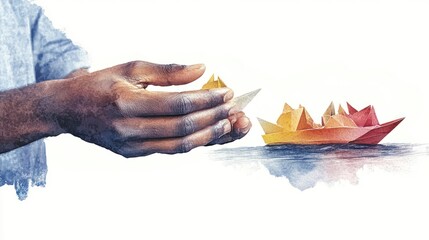 Pastel Watercolor Business Development Concept with Origami Boats Growth Strategy Hand Drawn Illustration
