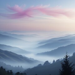 Obraz premium Rolling mountains fading into the distance, sky painted with soft hues of pink and violet, fog settling in valleys, and a quiet silhouette of a lone pine tree