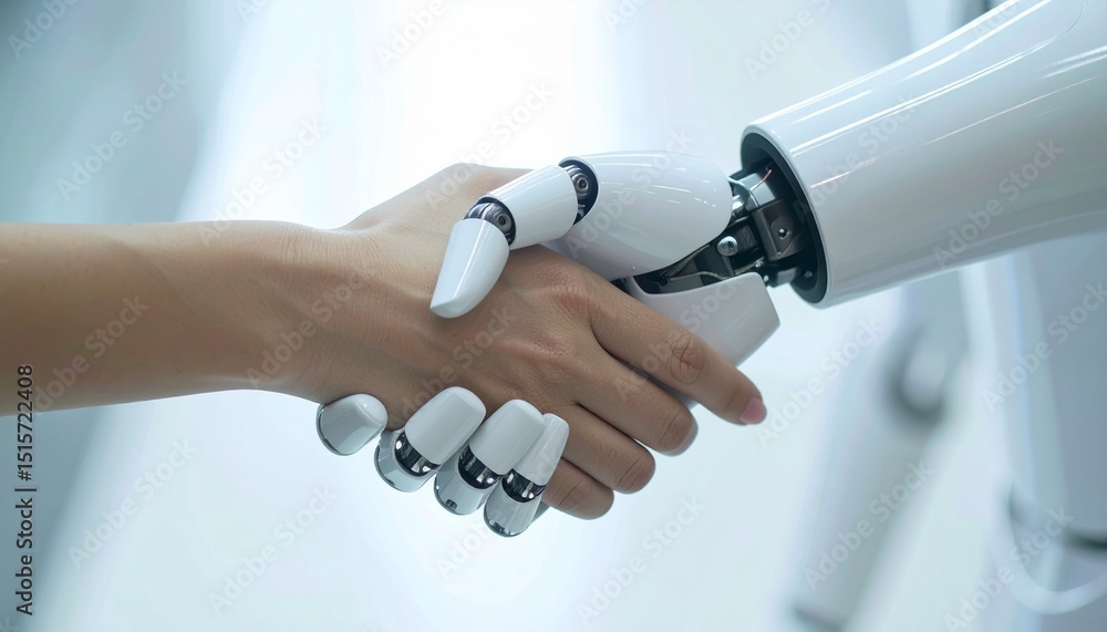 Poster an artificial intelligence robot and person handshaking symbolizing partnership and agreement. this 