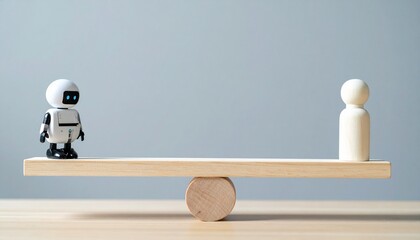 A small wooden seesaw with a toy robot and a wooden figure balanced on each side. This image represents the balance between artificial intelligence and humanity