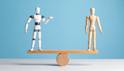 A comparison between a robot and a human is depicted on a balance scale