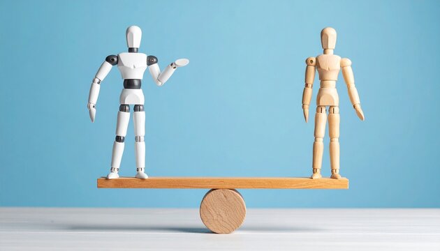 A comparison between a robot and a human is depicted on a balance scale