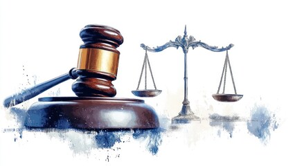 Competition Law and Legislation Concept Watercolor Illustration on White Background with Legal Symbols for Lawyer Services
