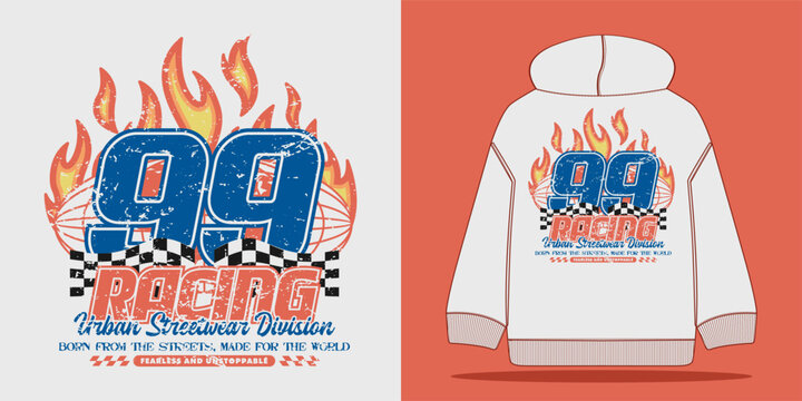 99 Racing grunge urban streetwear design with flames, checkered flag, and grunge style. Perfect for t-shirt design, streetwear, apparel, posters, and more. Vector illustration