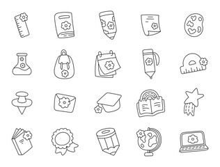 School inspired hand drawn outline line art stationery and educational tool set designed for learning, classroom writing, graduation, reading and creative knowledge projects
