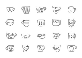 Hand drawn mug utensil outline line art set created for kitchen interior projects with ceramic crockery pottery elements and domestic tableware design use
