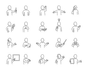 Abstract guide character set with hands, books, signs, boards, devices, emotions, communication, presentation, teaching, reading, message, symbols, approval, music, and expressive human poses