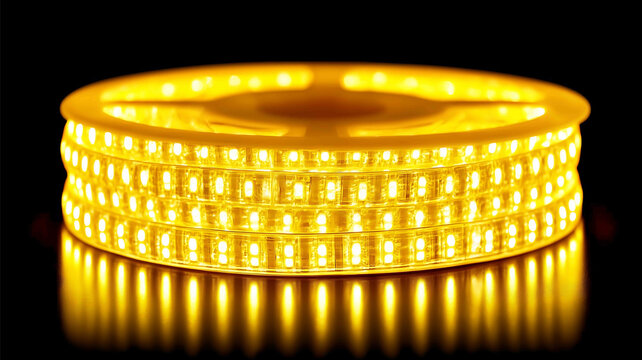 A roll of white LED strip lights with warm yellow lighting emitting bright and soft lights on the dark background The entire scene is illuminated by the - Powered by Adobe