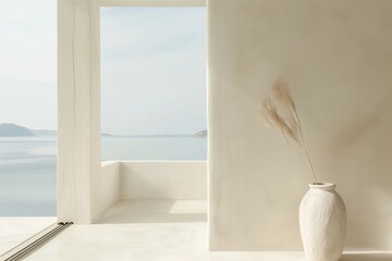Minimalist coastal interior with ceramic vase. White open space, plaster on the walls