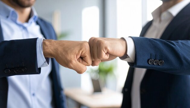 Business colleagues doing a fist bump gesture, showing team work and agreement. The image is taken in a business environment and shows two man doing a fist bump