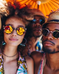 A woman with a sun umbrella and sunglasses is standing next to two men afro american. Multiracial people