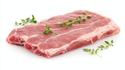 Fototapeta premium Freshly cut pork ribs with visible layers of meat and fat, placed on a clean surface, with the rich pink tones of the raw meat gleaming