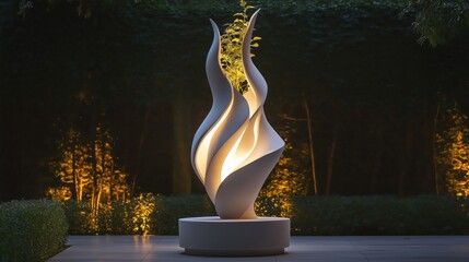 Sculpture illuminated at dusk in garden