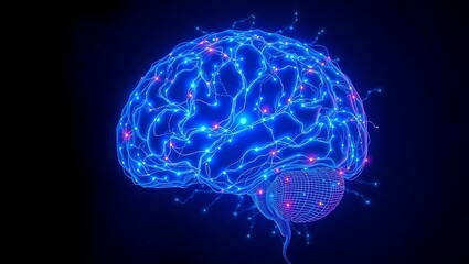 Brain made of glowing neural wires, symbolizing AI complexity and mental overload in dark sci-fi style