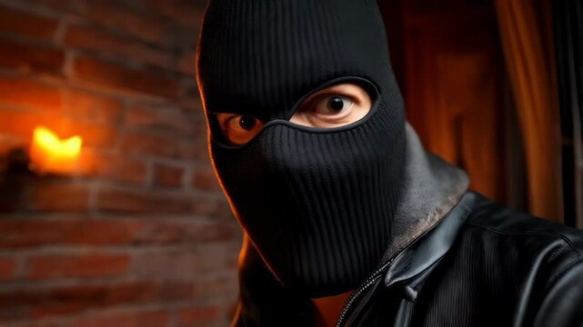 Person wearing ski mask and leather jacket opens door in dimly lit room with burning candles, entering or exiting, looking up.