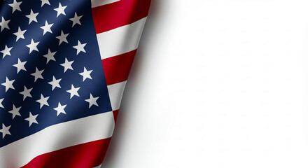 Obraz premium A partially visible american flag with stars and stripes on a white background with copy space